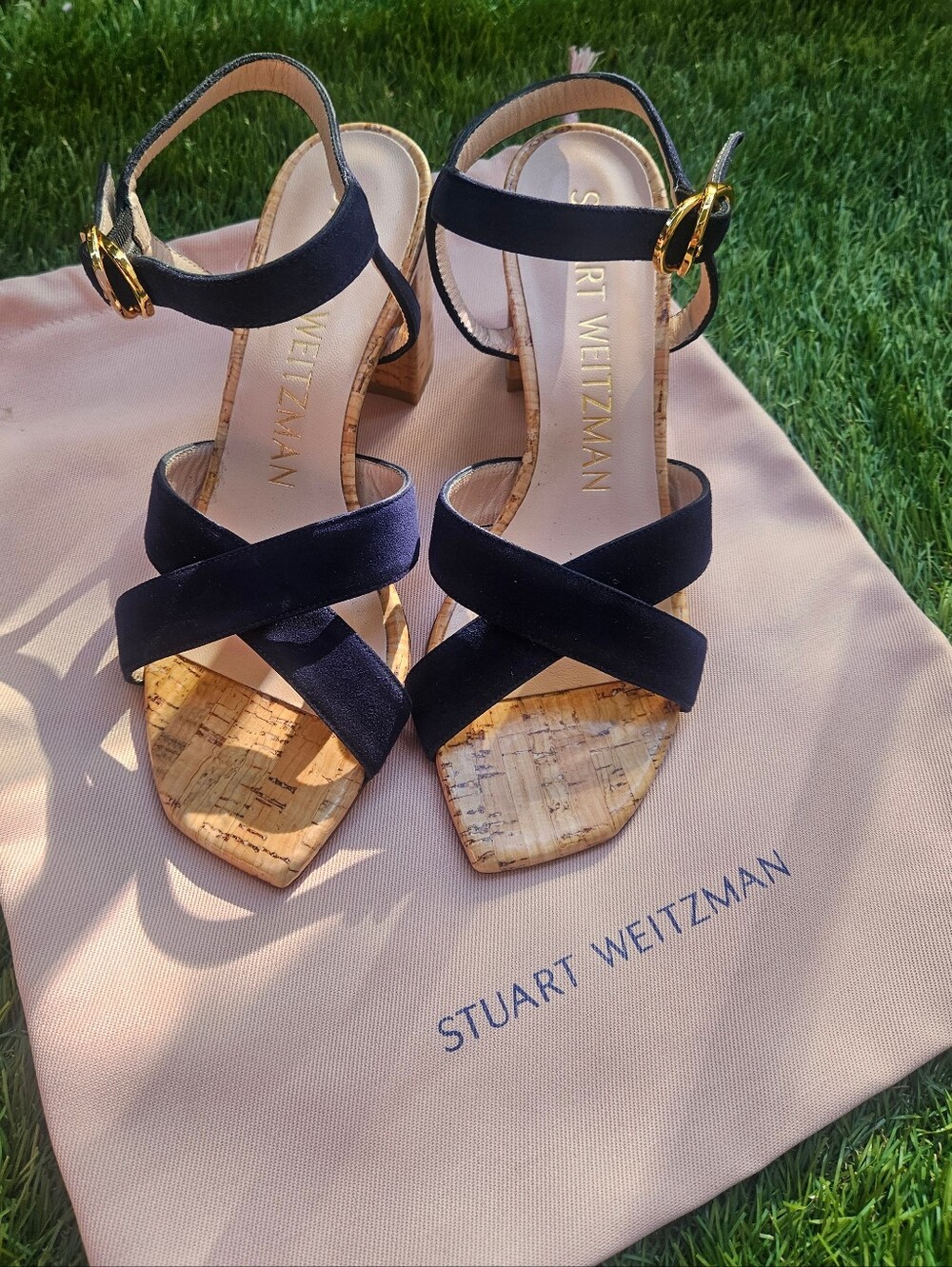 NIB Stuart Weitzman Navy Blue Suede Cork Block Heel Sandals Size US 5.5 / EU 36